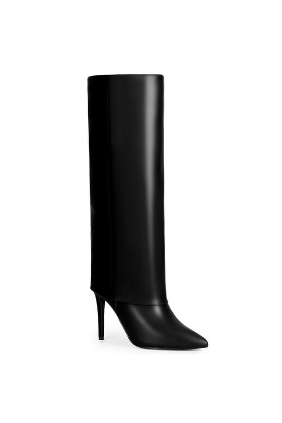 Women's Boots Fold Over Knee High Stiletto Heel Pointed Toe Side Zip Faux Leather Boots Black 7.5
