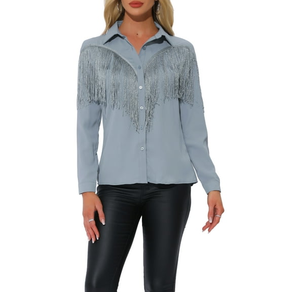 INSPIRE CHIC Women's Fringe Shirts Long Sleeve Button Down Chic Western Cowgirl Tops L Grey Blue