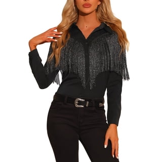 INSPIRE CHIC Women's Western Fringe Shirt Long Sleeve Button Down Blouse with Tassel Trim & Turn Down Collar Black XL