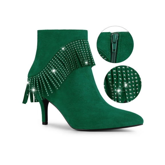 BLISSFUL STEP Women's Fringe Pointed Toe Stiletto Heel Ankle Boot Emerald Green 10
