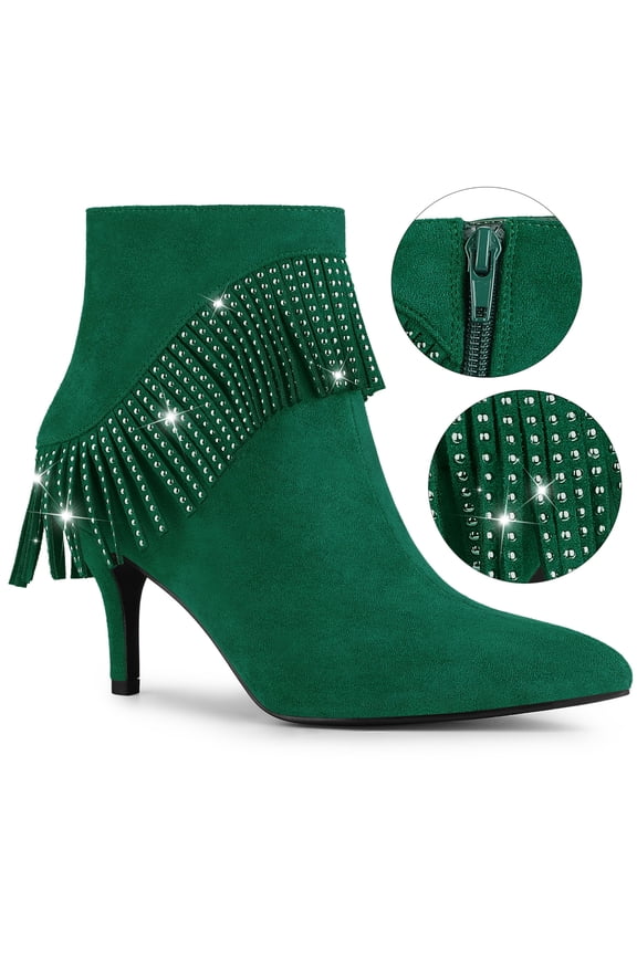 Women's Fringe Pointed Toe Stiletto Heel Ankle Boot Emerald Green 10