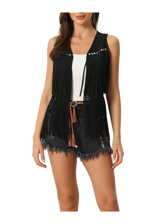Women's Cardigan Fringe Vest Open Front Western Vintage Faux Suede Tassel Cardigan L Black