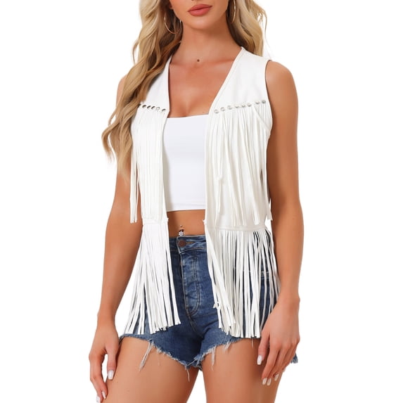 INSPIRE CHIC Women's Cardigan Fringe Vest Open Front Western Vintage Faux Suede Tassel Cardigan White L