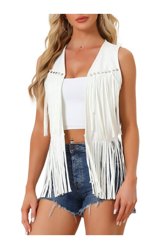 Women's Cardigan Fringe Vest Open Front Western Vintage Faux Suede Tassel Cardigan L White