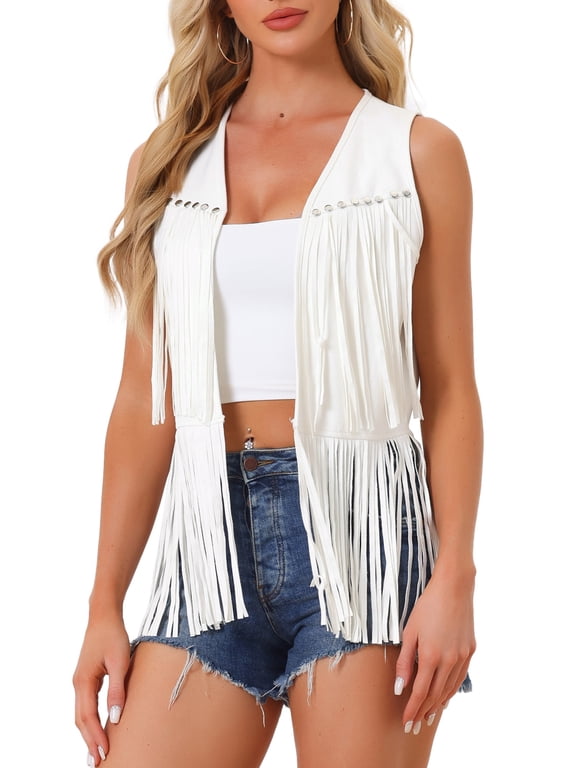 Women's Cardigan Fringe Vest Open Front Western Vintage Faux Suede Tassel Cardigan White M