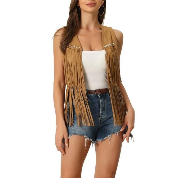 INSPIRE CHIC Women's Cardigan Fringe Vest Open Front Western Vintage Faux Suede Tassel Cardigan S Yellow