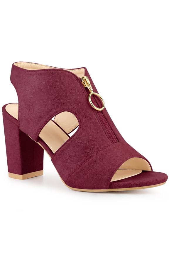 Women's Front Zipped Gladiator Shoes Block Heels Slingback Sandals Burgundy 6.5