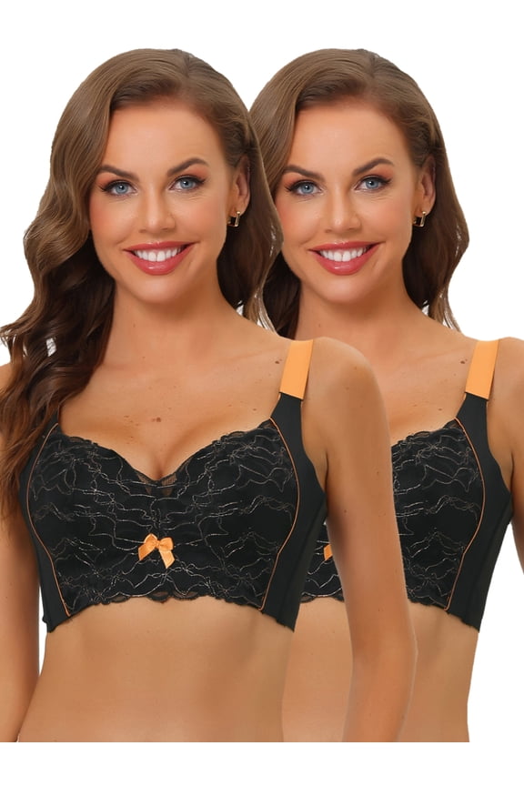 Women's Full Coverage Bras Wide Straps High Back Padded Lace Push Up Bralette 2 Packs