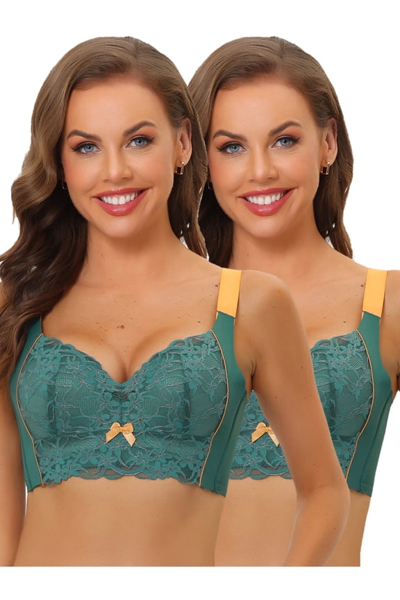Women's Full Coverage Bras Wide Straps High Back Padded Lace Push Up Bralette 2 Packs