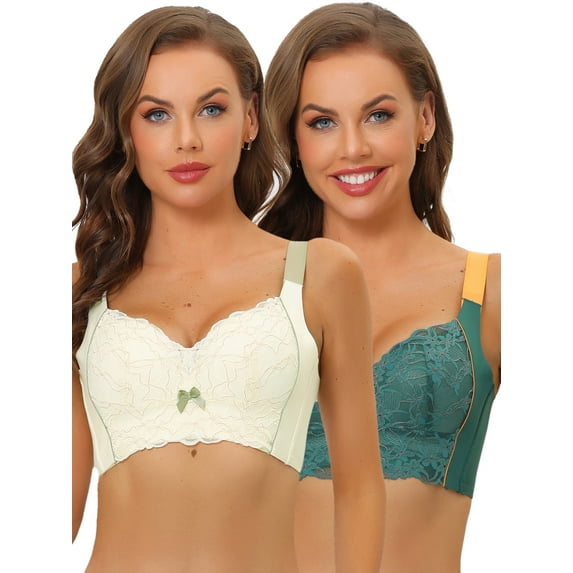 NOMADIC NOOK Women's Full Coverage Bras Wide Straps High Back Padded Lace Push Up Bralette 2 Packs