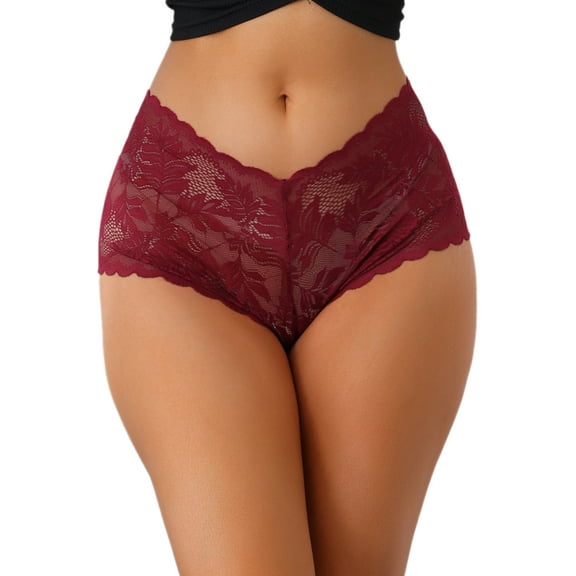 INSPIRE CHIC Women's Full Coverage Lace Accent Briefs Mid-Waisted Breathable Panties XXL Red