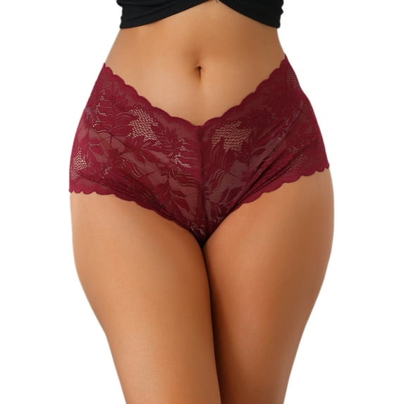 INSPIRE CHIC Women's Full Coverage Lace Accent Briefs Mid-Waisted Breathable Panties S Red