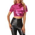 thumbnail image 1 of INSPIRE CHIC Women's Full glitter sequin Stand Collar Short Sleeves Cropped Blouse, 1 of 5