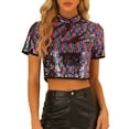 thumbnail image 1 of INSPIRE CHIC Women's Full glitter sequin Stand Collar Short Sleeves Cropped Blouse, 1 of 5