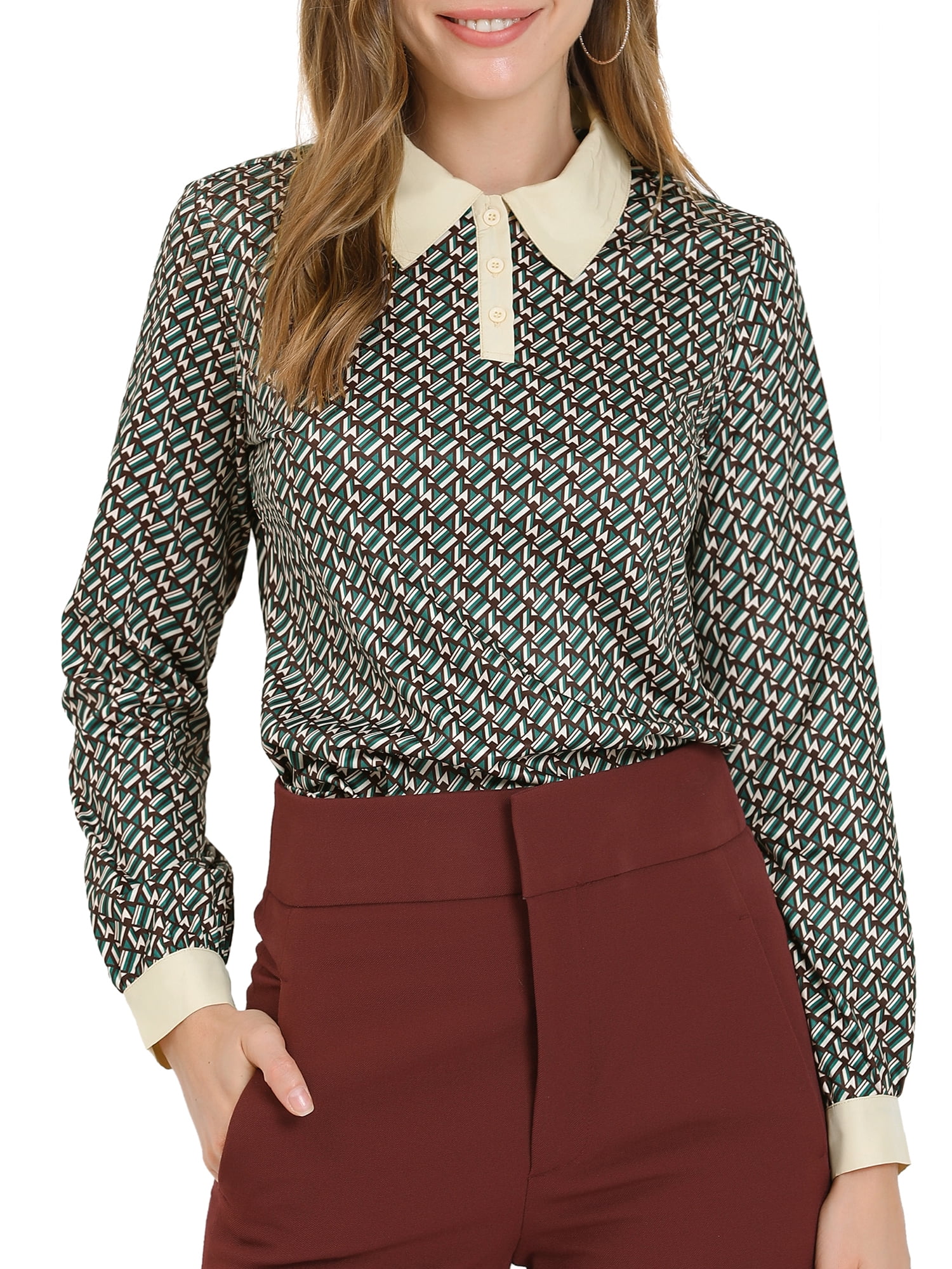 Allegra K Women's Geometric Pattern Button Up Shirt Half Placket Long