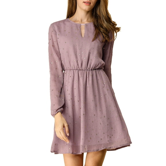 INSPIRE CHIC Women's Dress Gilding Star V Neck Long Sleeve Party Flared A-Line Dress L Light Purple