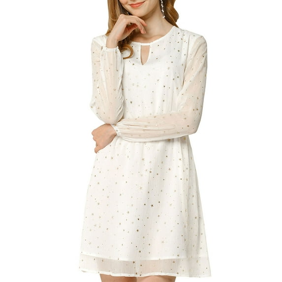 INSPIRE CHIC Women's Dress Gilding Star V Neck Long Sleeve Party Flared A-Line Dress L White