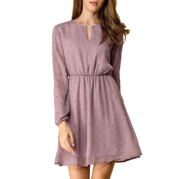 INSPIRE CHIC Women's Dress Gilding Star V Neck Long Sleeve Party Flared A-Line Dress M Light Purple