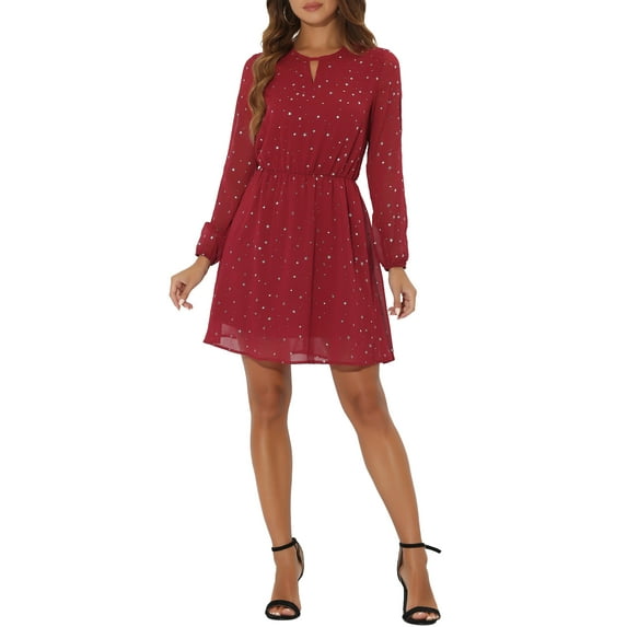 INSPIRE CHIC Women's Dress Gilding Star V Neck Long Sleeve Party Flared A-Line Dress S Dark Red-Stars
