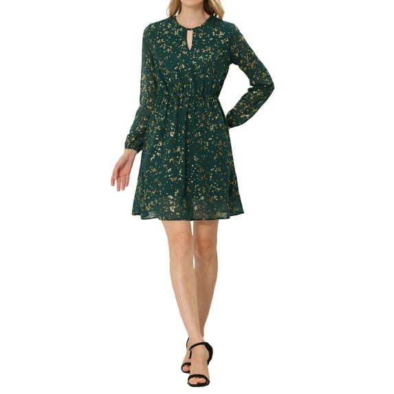 INSPIRE CHIC Women's Dress Gilding Star V Neck Long Sleeve Party Flared A-Line Dress S Green-Floral