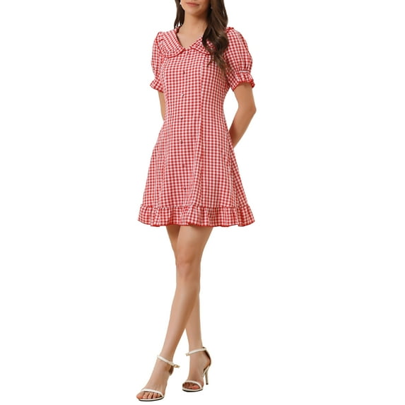INSPIRE CHIC Womens Gingham Checks Ruffled Peter Pan Collar 1960s Mini Dress S Red