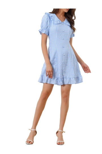 blue checkered dress near me Gingham Popover Mini Dress (Sky Blue)