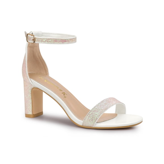 BLISSFUL STEP Women's Shoes Glitter Ankle Strap Block Heel Prom Sandals White 7.5