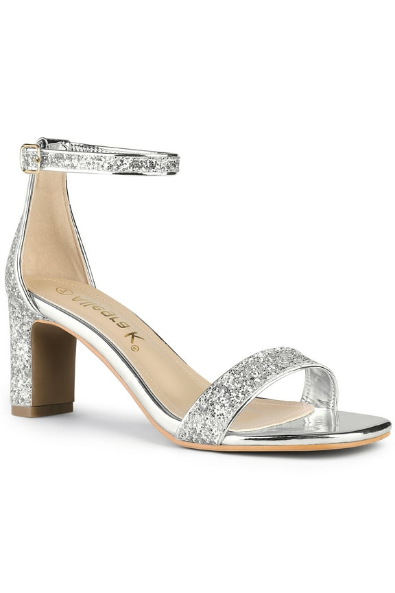 St. Patrick's Day Women's Shoes Glitter Ankle Strap Block Heel Prom Sandals Silver 8.5