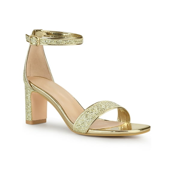 BLISSFUL STEP Women's Shoes Glitter Ankle Strap Block Heel Prom Sandals Gold 6