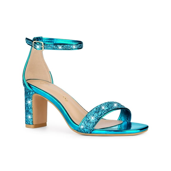 BLISSFUL STEP Women's Shoes Glitter Ankle Strap Block Heel Prom Sandals Lake Blue 9