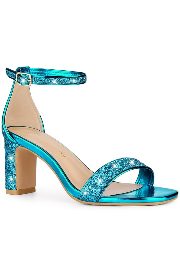 St. Patrick's Day Women's Shoes Glitter Ankle Strap Block Heel Prom Sandals Lake Blue 9
