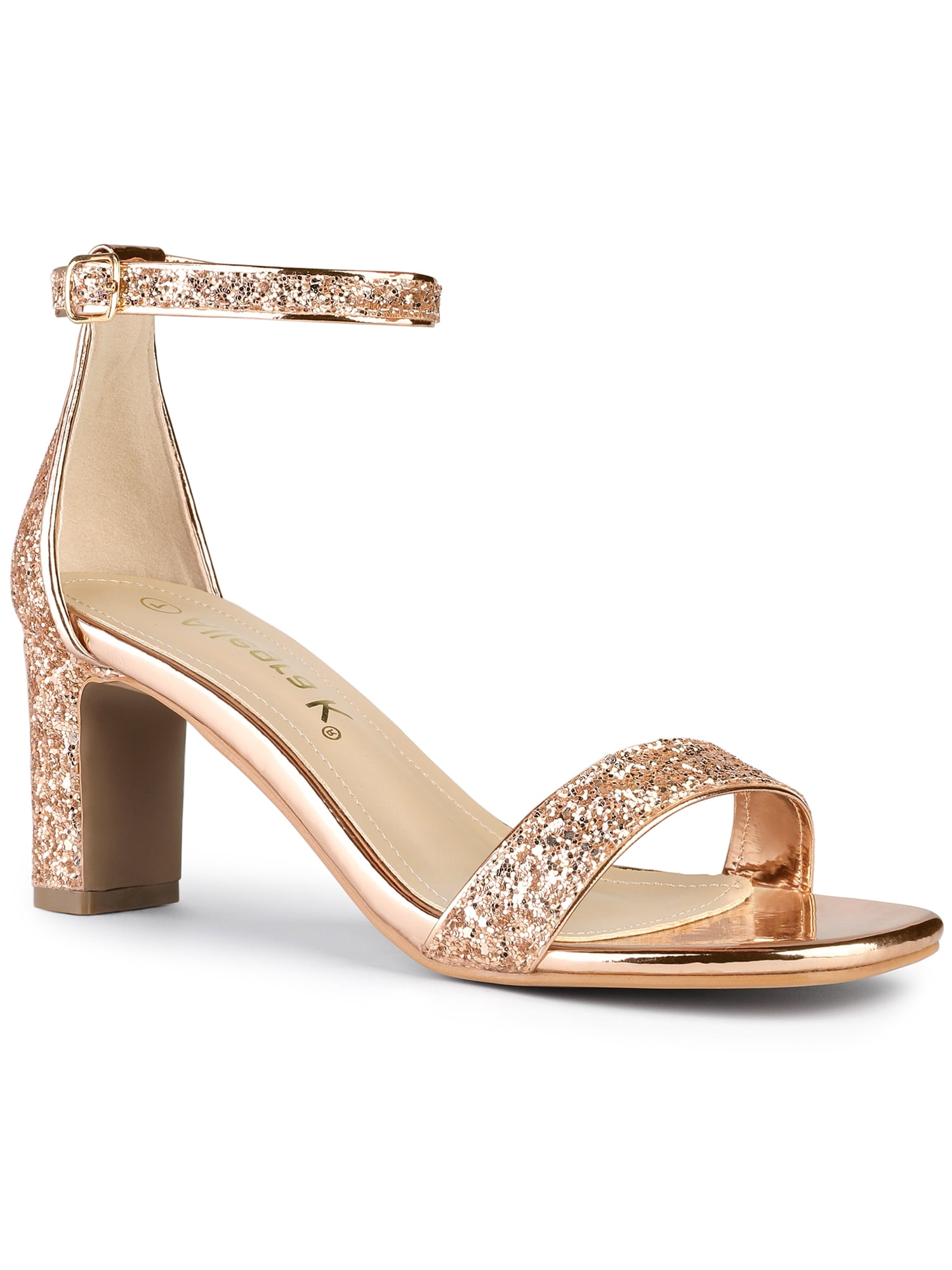 BLISSFUL STEP Women's Shoes Glitter Ankle Strap Block Heel Prom