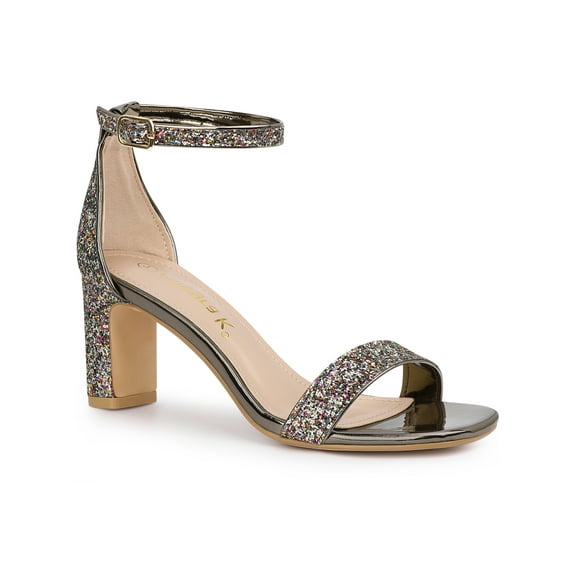 BLISSFUL STEP Women's Shoes Glitter Ankle Strap Block Heel Prom Sandals Colorful Silver 8.5