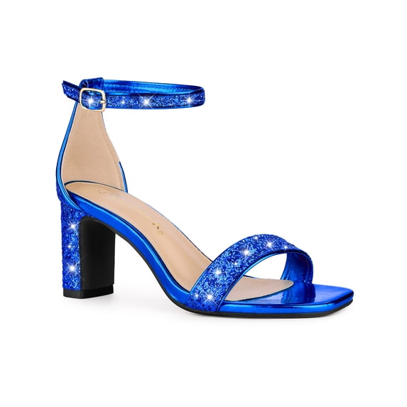BLISSFUL STEP Women's Shoes Glitter Ankle Strap Block Heel Prom Sandals Royal Blue 6
