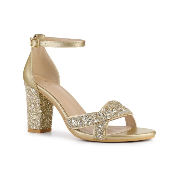 BLISSFUL STEP Women's Shoes Chunky Heel Ankle Strap Open Toe Glitter Sandals Gold 10
