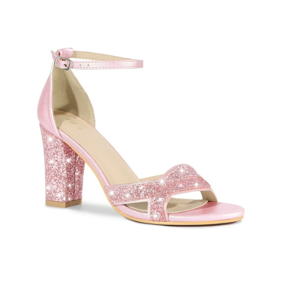 BLISSFUL STEP Women's Shoes Chunky Heel Ankle Strap Open Toe Glitter Sandals Pink 7.5