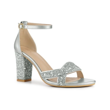 BLISSFUL STEP Women's  Glitter Ankle Strap High Block Heel Sandals Silver 7