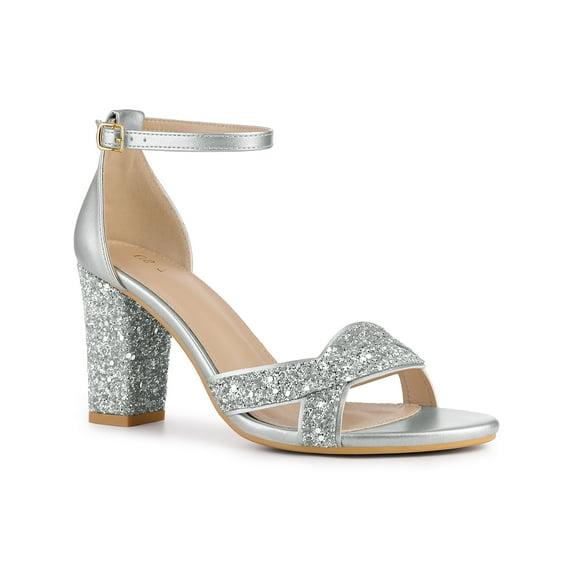 BLISSFUL STEP Women's Shoes Chunky Heel Ankle Strap Open Toe Glitter Sandals Silver 7