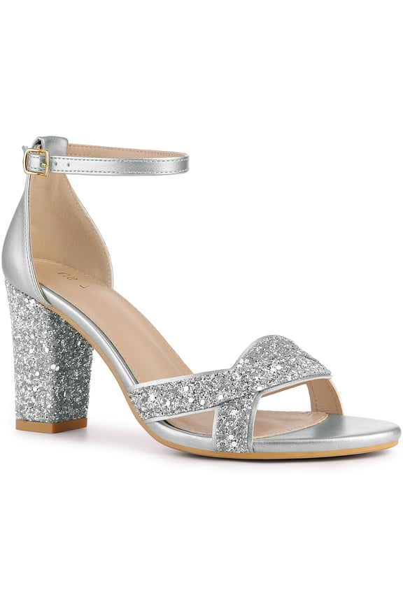 Women's Shoes Chunky Heel Ankle Strap Open Toe Glitter Sandals Silver 9