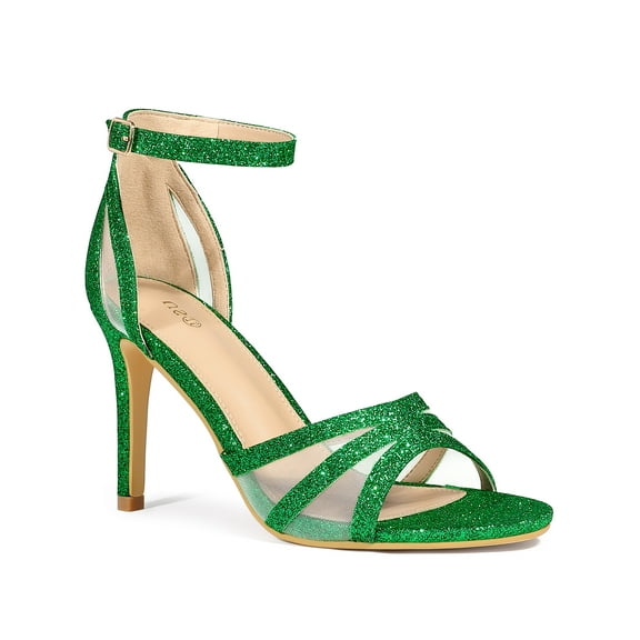 BLISSFUL STEP Women's Glitter Ankle Strap Stiletto Heeled Sandals Grass Green 9