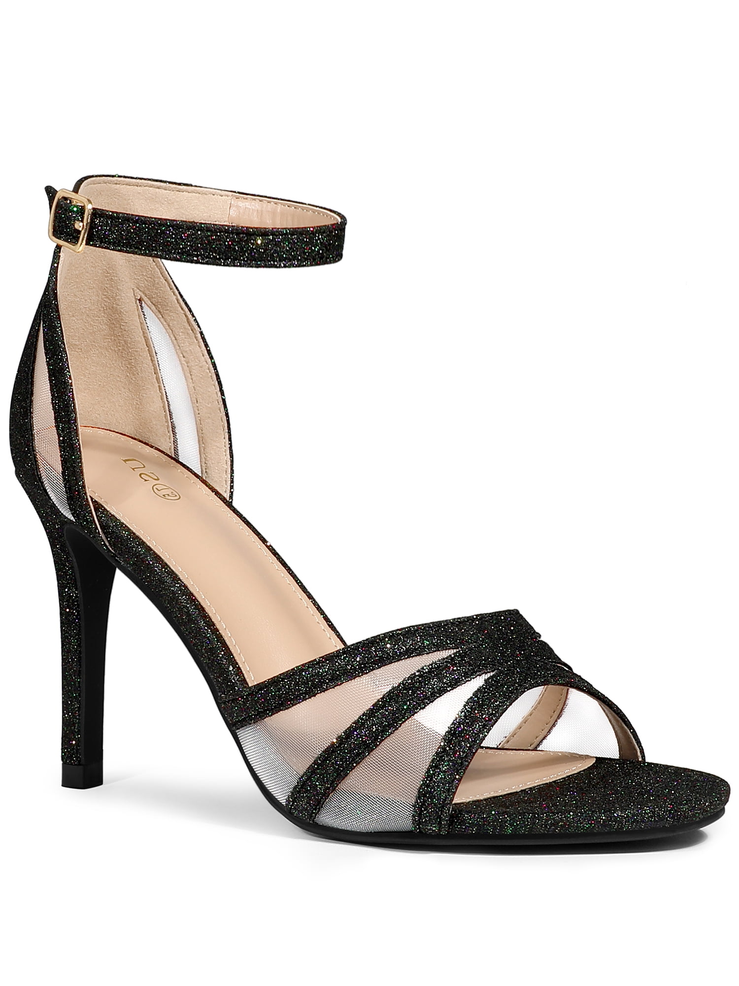 Ankle Strap Black Glitter Shoes Womens Lemonade Glitter Wrap Heels