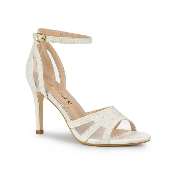 BLISSFUL STEP Outfit Women's Shoes Glitter Ankle Strap Buckle Open Toe Stiletto Heels Sandals White 9