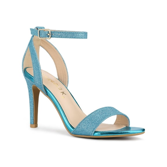 BLISSFUL STEP Women's Shoes Glitter Stiletto Heel Sandals Ankle Strap Open Toe Party Shoes Lake Blue 7