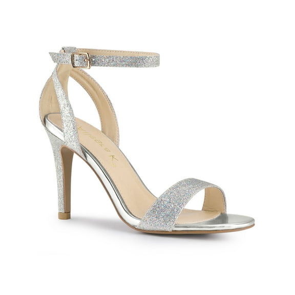 BLISSFUL STEP Women's Shoes Glitter Stiletto Heel Sandals Ankle Strap Open Toe Party Shoes Silver 7