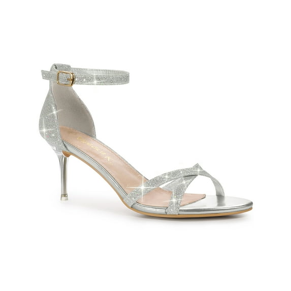 BLISSFUL STEP Women's Glitter Ankle Straps Stiletto Clear Heels Sandals Silver 6