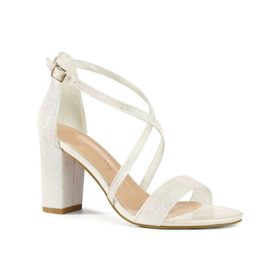 BLISSFUL STEP Women's Shoes Glitter Crisscross Strap Block Heel Sandals White 7