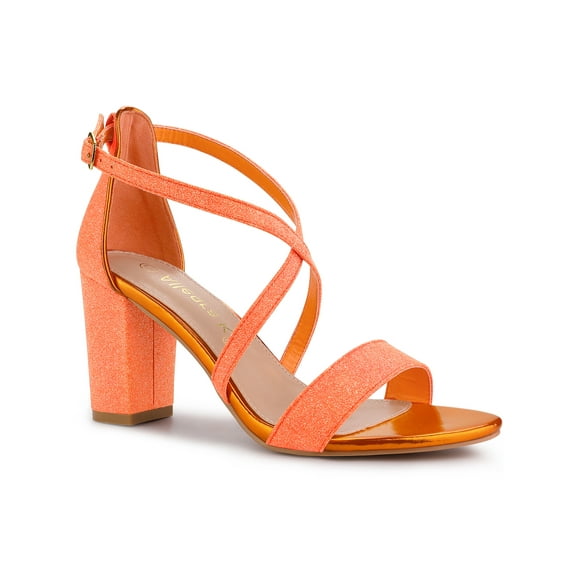 BLISSFUL STEP Women's Shoes Glitter Crisscross Strap Block Heel Sandals Orange 10