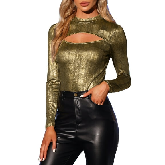 INSPIRE CHIC Women's Top Glitter Cutout Mock Neck Long Sleeve Party Sparkle Tops M Black Gold