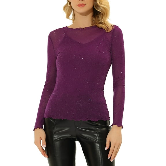 INSPIRE CHIC Women's Glitter Mesh See Through Blouse with Spaghetti Strap Camisole XS Purple