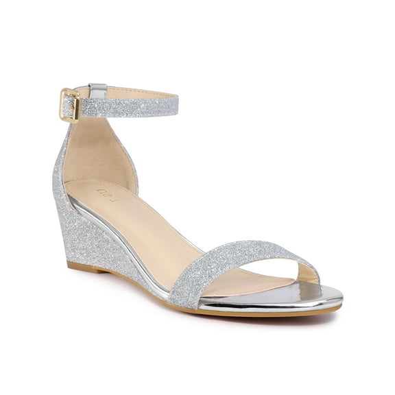 BLISSFUL STEP Women's Glitter Open Toe Ankle Strap Wedge Heel Sandals Silver 7.5